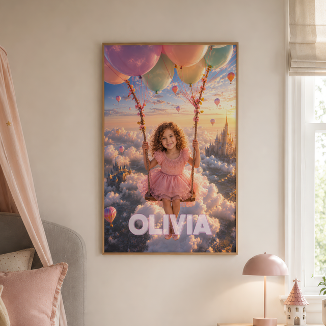 Custom Princess Castle Sunset Poster — Your Little Girl Above the Clouds