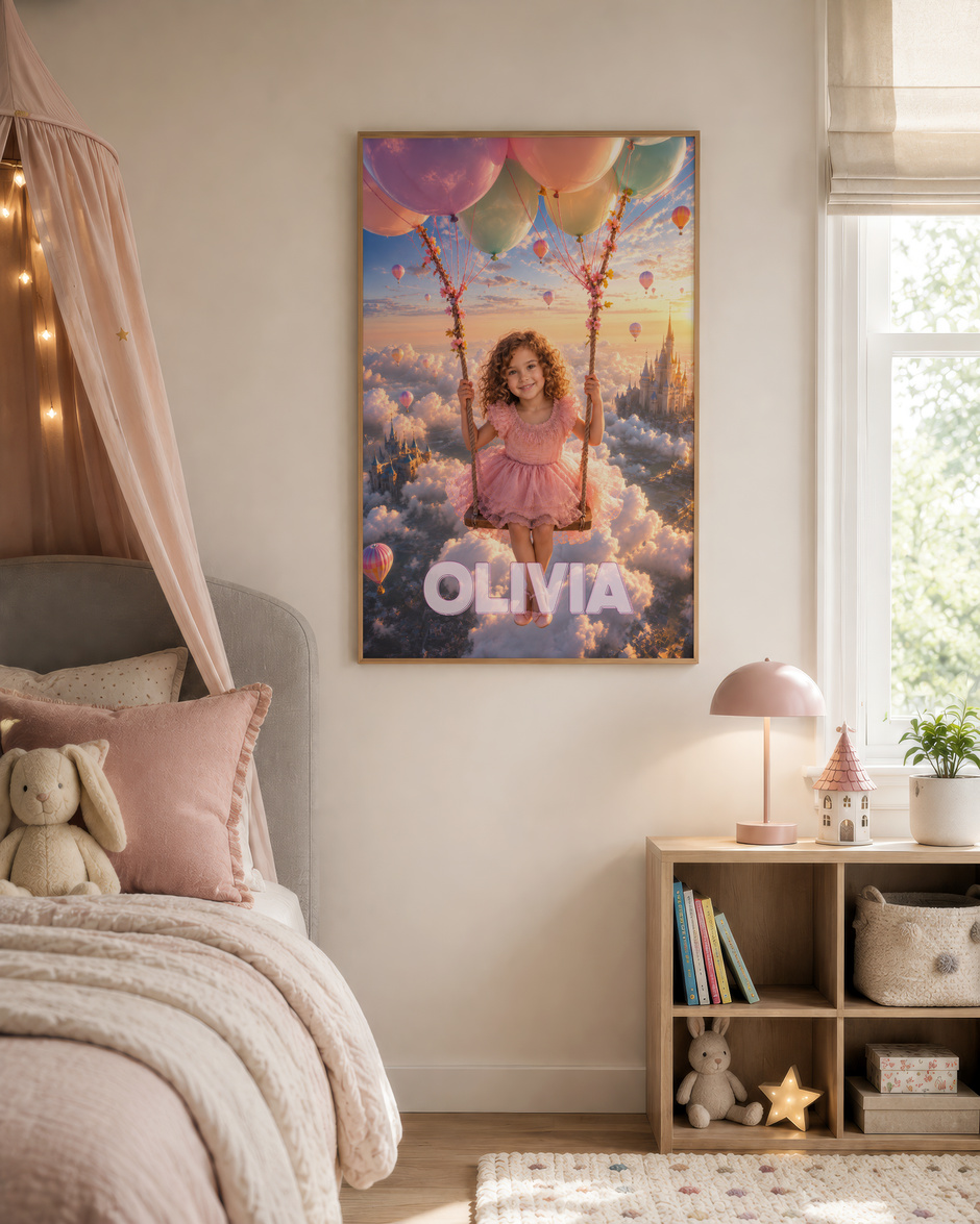 Custom Princess Castle Sunset Poster — Your Little Girl Above the Clouds