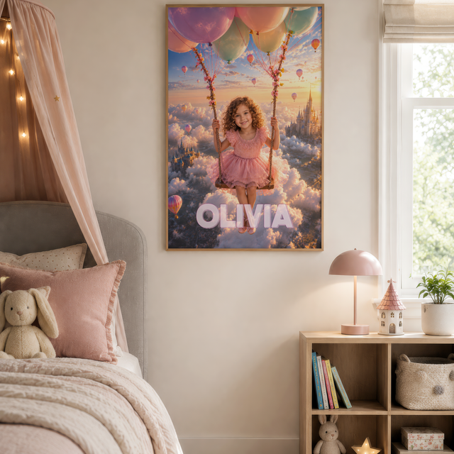 Custom Princess Castle Sunset Poster — Your Little Girl Above the Clouds